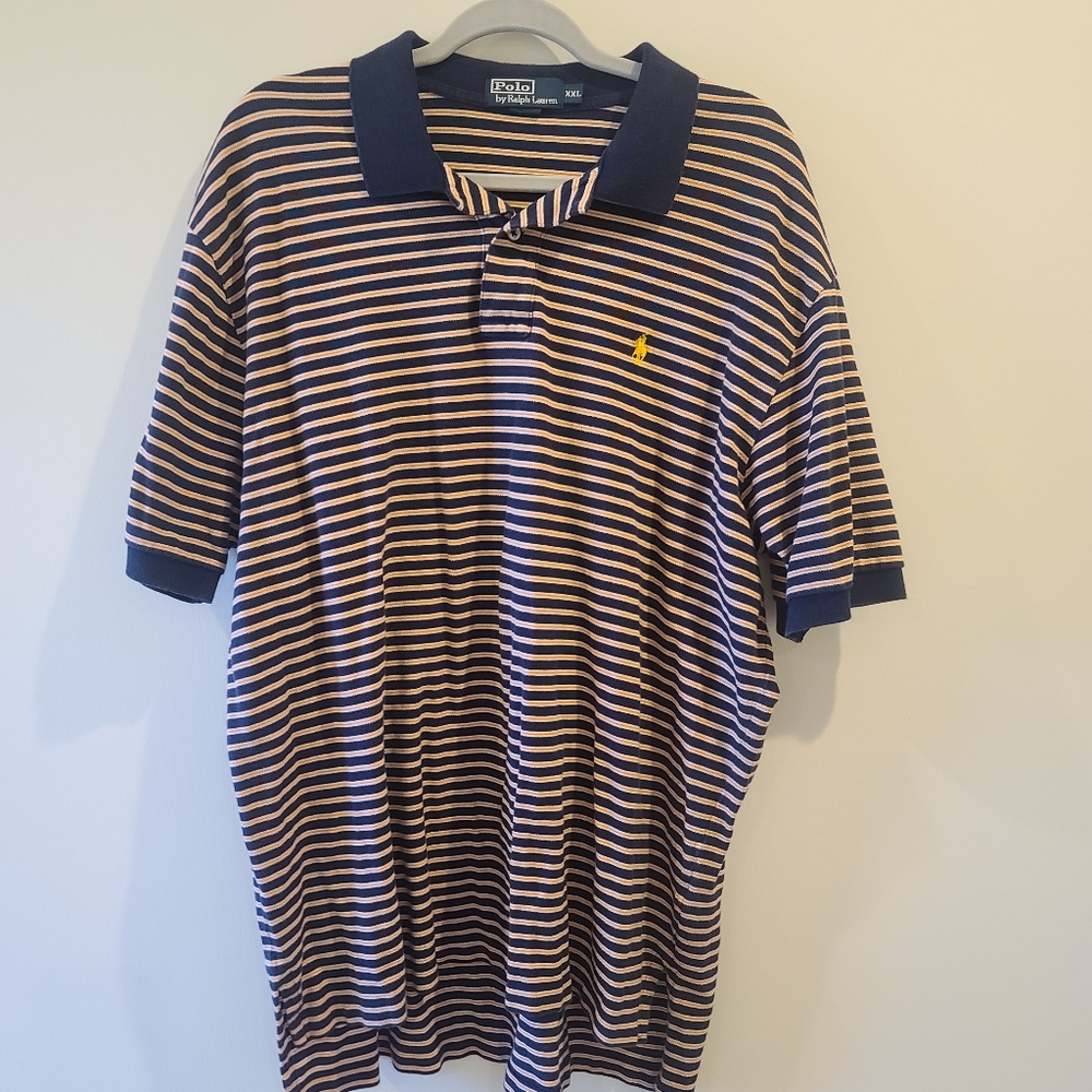 Mens XXL Polo Ralph Lauren orange and blue striped polo shirt.